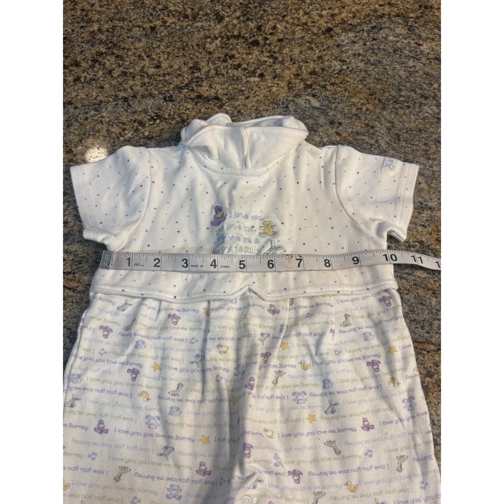 Rare Barney Baby Romper White Polka Dot "I‎ Love You" "Happy Family" 6 months - Picture 7 of 8